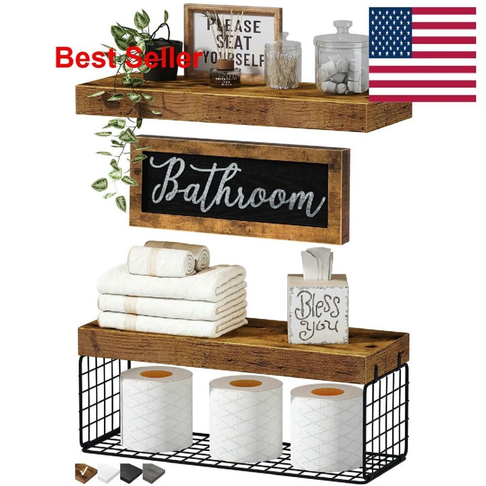 Farmhouse Floating Shelves Set Wall Mounted Bathroom Decor Storage Rustic